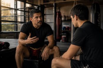 Instructor de Muay Thai conversando con un alumno dentro de una academia después del entrenamiento, en un ambiente cálido y profesional.